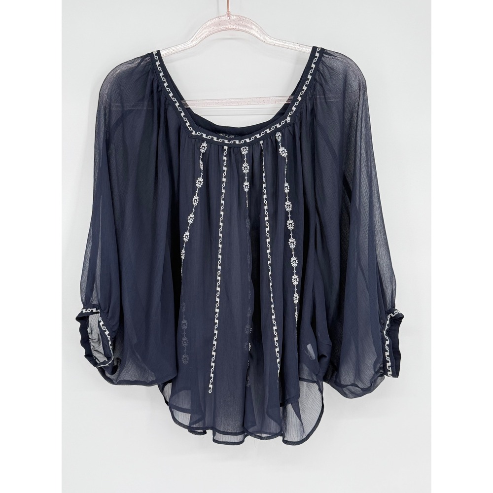 Lucky Brand Navy Blue Embroidered Sheer Peasant Blouse Boho Top Womens Sz XS/S